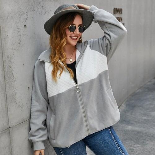 DOIB Patchwork Coloring Coat Women Plus Size Polar Fleece Turn Down Collar Zipper Polar Fleece Autumn 4XL Coats