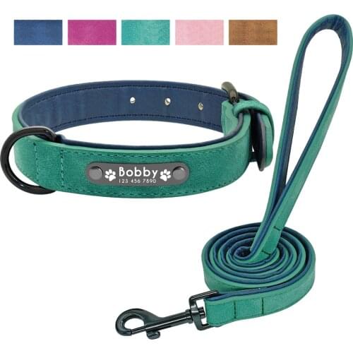 Personalized Dog Collar and Leash Leather Padded Customized Engraved Dogs Collars Lead Rope Set Bulldog Pitbull
