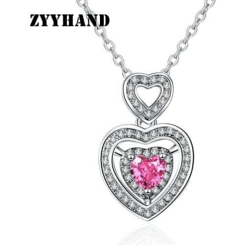 Platinum-Plated Clean Stone Women Necklace Girl Pink Heart Cross Chain Zircon Lady Romantic Wedding Party Pendant Neck Jewelry