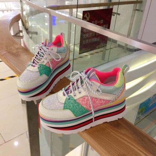Spring Thick Soled Women Casual Shoes Fashion Blingbling Mixed Colour Chunky Designer Sneakers High Platform Heels Luxury Brand