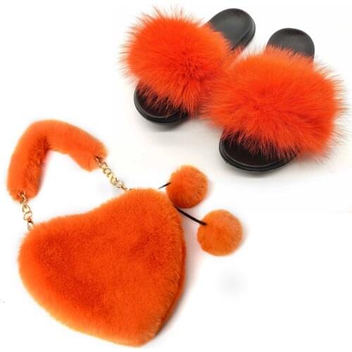Womens Summer Fox Fur Slides and Furry Faux Furry Purse Ladies Solid Color Rabbit Hair Bags Set Fluffy Plush Home Slippers 2020