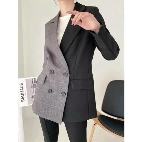 Classic Contrast Colors Blazer 2021 Women Double Breasted Mid-Length Patchwork Casual Office Blazer Suit Commute Formal Clothing