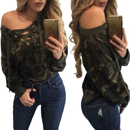 Women Fashion Sexy Lace Up V-neck Off-shoulder Camouflage Long Sleeve Top
