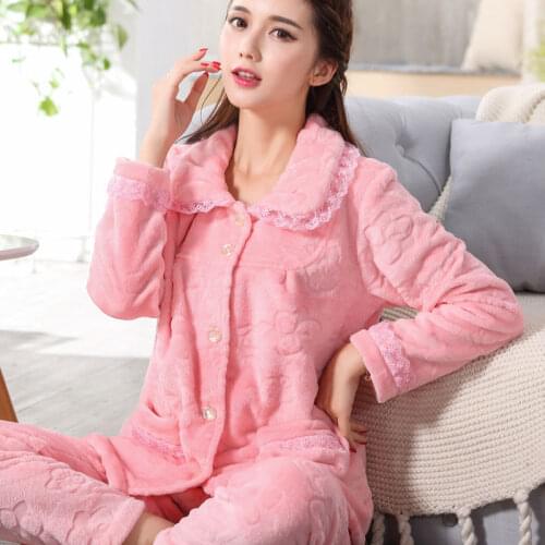 Pajamas Set Women Flannel Winter Femme Pyjama Warm Sexy Lace Print Mom Long Shirt Pant Sleepwear 2019 Plush Pajama