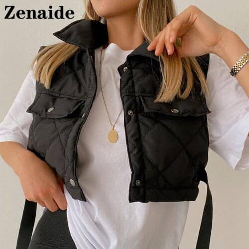 Zenaide Black Sleeveless Jacket Warm Quilted Waistcoat 2021 Autumn Winter Cropped Fashion Turn Down Women Vest Coats