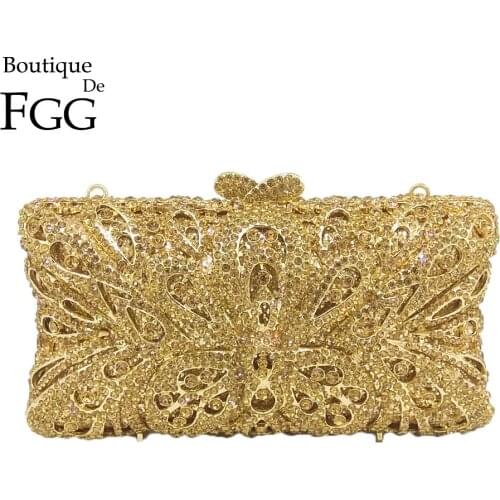 Boutique De FGG Hollow Out Butterfly Women Gold Crystal Evening Clutch Minaudiere Bag Wedding Cocktail Metal Handbag Purse