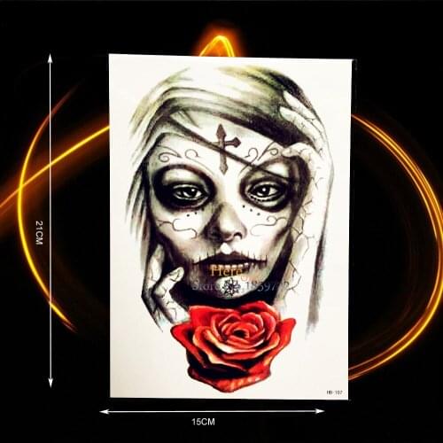 1PC Henna Skull Temporary Tattoo Stickers Saw Designs Waterproof Tattoo Twisted 21x15CM Large Body Arm Tattoo Sleeve Roses Cross