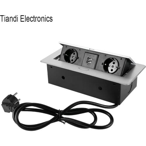 2-Bit EU standard power one-key switch button outlet zinc alloy pop up silver round edge table top socket box with USB charging