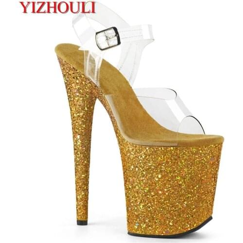 8 inch sandal, transparent upper, gold sequined bag and soles for parties and nightclubs, 20 cm high heel model, dancing shoes