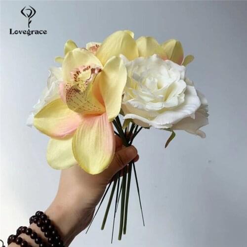 Lovegrace Bridal Wedding Bouquet Artificial Silk Flower Bouquet Pink Rose Orchid Bridesmaid Wedding Flower Home Party Decoration