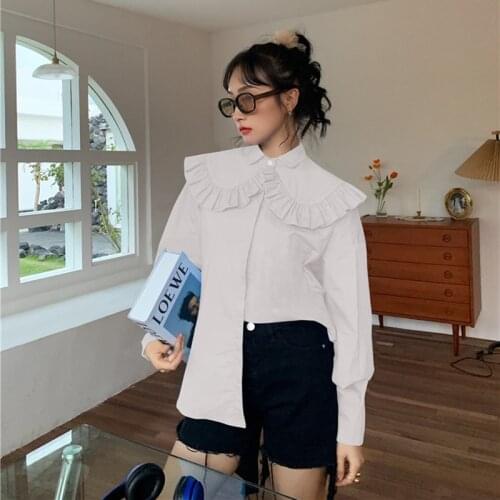 Designer Blouse Women Korean Fashion Trend Shirt Spring 2021 New Style Ruffled Doll Collar Shawl Long Sleeve Sweet Tops Female