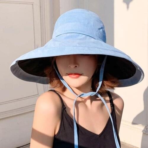 Women Sun Hat Fashionable Super Wide Brim Fold Bucket Cap Fedoras Beach Wedding Summer Solid Color Floppy Sun Hats +Rope