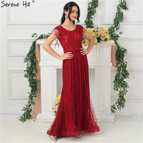 Dubai Design Sexy Sleeveless Lace Evening Dresses 2020 Wine Red Crystal Beading Tassel Evening Gowns Serene Hill LA6682