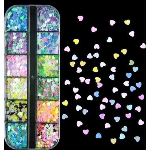 12 Grids/Box Laser Love Heart Nail Sequins Mixed Color Sparkle Glitter Pearl Flakes 3D Nails Art Decorations DIY Accessories