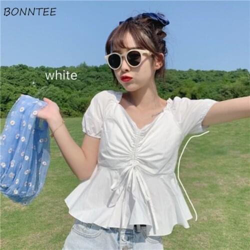Summer Blouse Women New Solid Shirring Fashion Lady Ulzzang Simple Fit Blusa All-match Lovely Daily Leisure Clothing V-neck Tops