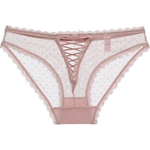 Womens new lace sexy cutout panties Cross ribbon at the back,Three summer polka dot mesh breathable quick-drying thin briefs