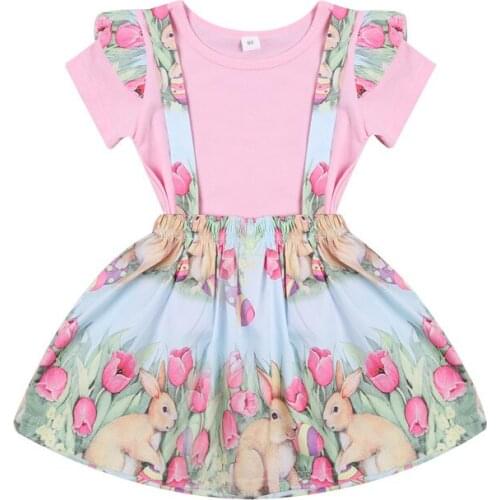 1-4 Years Toddler Girl Set Children Crew Neck Solid Short Sleeve Top Easter Bunny Print Straps Skirt Set For Girls Toddlers