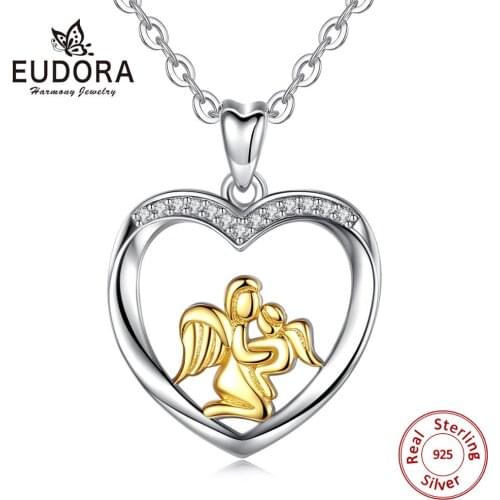 Eudora 100% 925 Sterling Silver Mom Love Angel Baby Pendants Crystal Heart Pendant Necklace Women Fashion Jewelry Gift CYD053