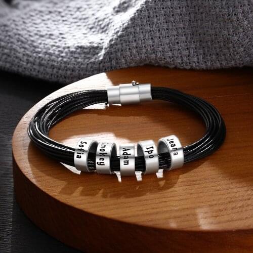 Personalized Men Bracelet Multilayer Braided Leather Wrap Bracelet Custom Beads With Family Name Bracelets Gift For Father