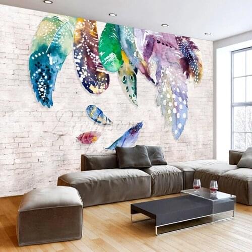 Custom Photo Wallpapers Fashion Retro Brick Wall Colorful Feathers Background Mural Creative Restaurant Cafe Decor 3D Wall Cloth
