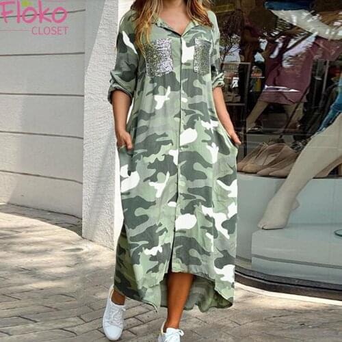 Flokocloset Casual Autumn Long Sleeve V-Neck Print Shirt Dress Spring Lapel Robe Work OL Maxi Dress