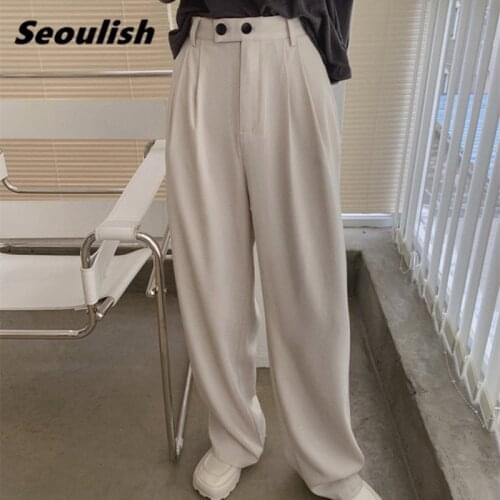 Casual OL Style Wide Leg Womens Pants High Waist Loose Trousers Streetwear Long Pants Female Pockets 2021 New Spring Summer