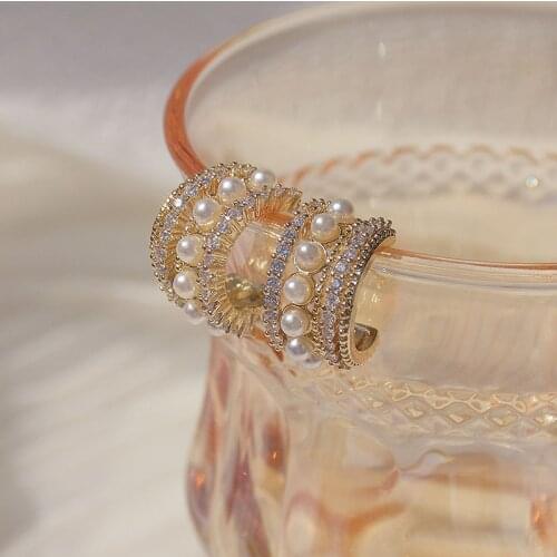 Romantic 14K Gold Plated C Stud Earrings for Women Japanese&Korea Delicate Jewelry Zircon Pearl Earrings