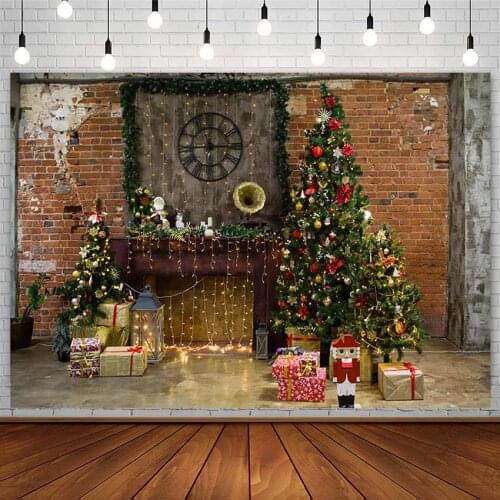 Christmas Tree Backdrop Winter Gift Light Fireplace Old Brick Wall Santa Kid Photography Background Photo Studio Props Photozone