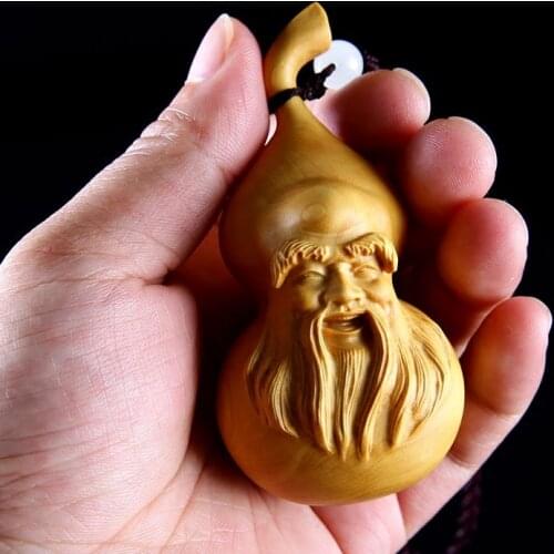 Boxwood 8CM Longevity God Gourd Sculpture Wood Buddha Staute Pendant Plant Collection Car Hanging Home Decor