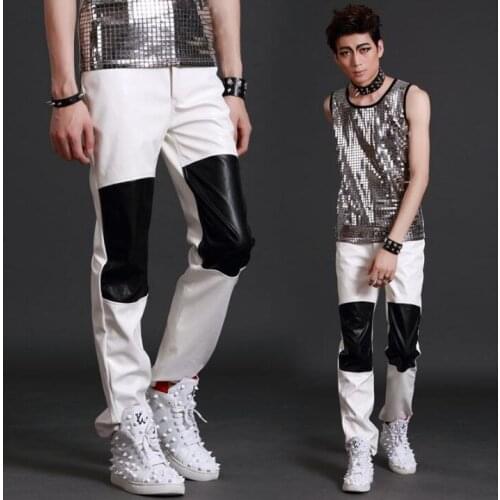Stage personality men leather pants harem pant men trousers singer dance rock fashion pantalon homme street white black splice