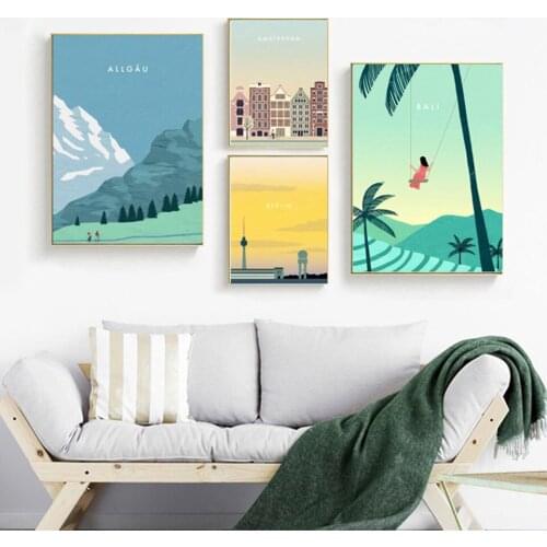 Nordic Art Prints Scenery Canvas Painting Allgaeu Mountain Amsterdam Bali Berlin Travel Poster Modular Home Decor Wall Pictures