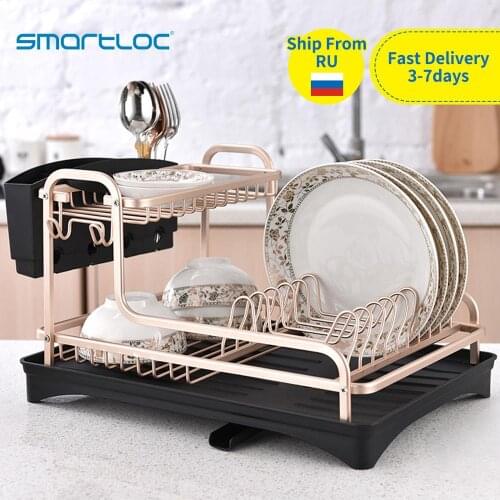 Smartloc Aluminium Alloy Dish Rack Kitchen Organizer Storage Drainer Drying Plate Shelf Sink Supply Knife Fork Container