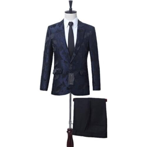 Navy Floral Tailcoat Men Suit 2 Piece Set Slim Wedding Suits Prom Paert Groom Tuxedos Elegant Dinner Formal Suits Jacket+Pants