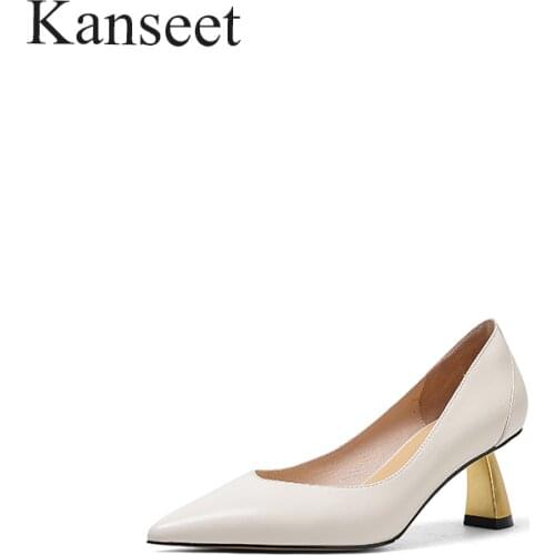 Kanseet Genuine Leather Mid Heels Pumps Women Shoes Concise Office Ladies Elegant Pointed Toe Footwear Shallow White Black 40