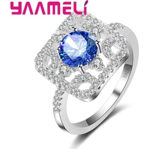 Top Quality Hollowing Square Shiny Zircon Stones 925 Sterling Silver Pretty Rings Jewelry For Women Girls Wedding Party