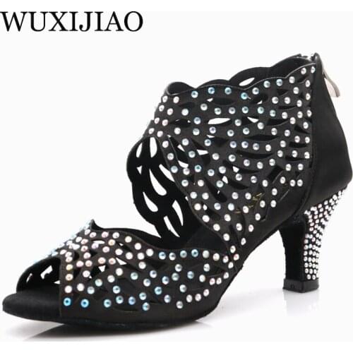 WUXIJIAO Black Rhinestones ladies shoes Jazz sneakers high heel dance shoes with rhinestones Latin dance shoes