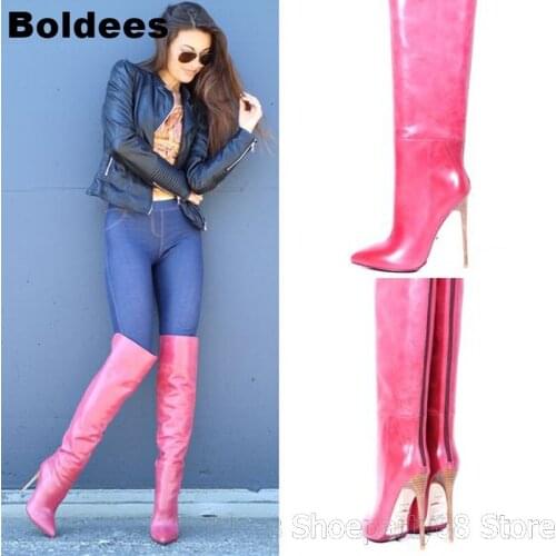 Pink Patent Leather Pointed Toe Women Over The Knee High Heel Boots Sexy Pointed Toe Back Zipper Women Winter High Heels Bota