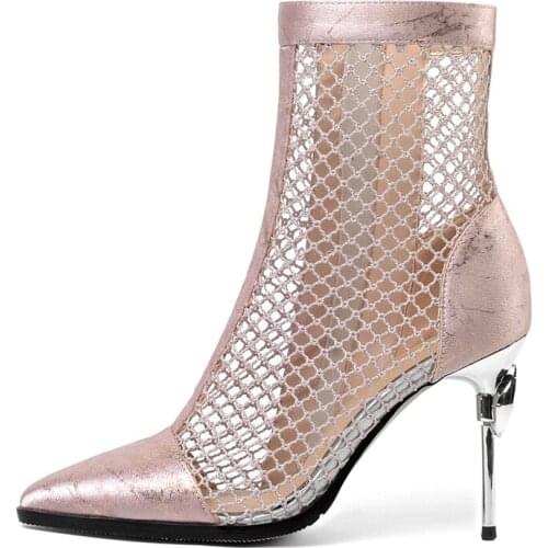 Sexy Lace Mesh Boots Women High Heels Ankle Boots For Women Fashion Gold Silver Shoes Female Pointed Toe Summer Boots Shoes