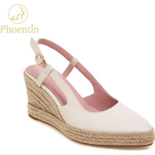 Phoentin wedges shoes for women 2020 new fashion wedge pumps platform slingback pointed toe large size shoe beige color FT833
