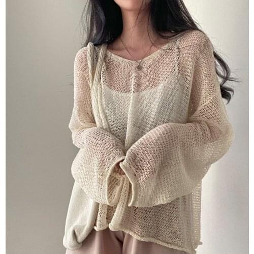 2021KoreanLazy Style Full Sleeves Jumpers Tops Hollow Out Sexy Women Fashion Casual Streetwear Chic Femme Sweaters Pullovers