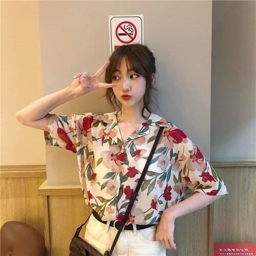 Women short bat sleeve T shirt summer thin sunscreen chiffon suit collar student soft polo-neck girl shirt top printed TS9559