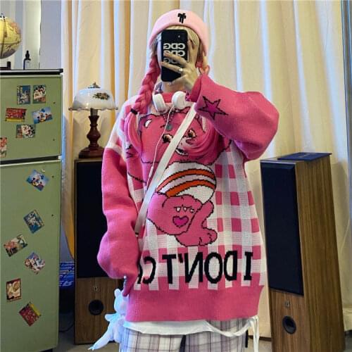 Vintage Harajuku Women Knitted Sweater Kawaii Cartoon Bear Print Lazy Street Pink Blue Plus Size Casual Pullover Winter Sweater