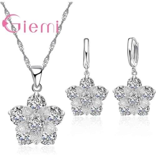 New Arrial Jewelry Sets 925 Sterling Silver Jewelry Shiny Flower Cubic Zirconia CZ Pendant Necklace Earring Set Women