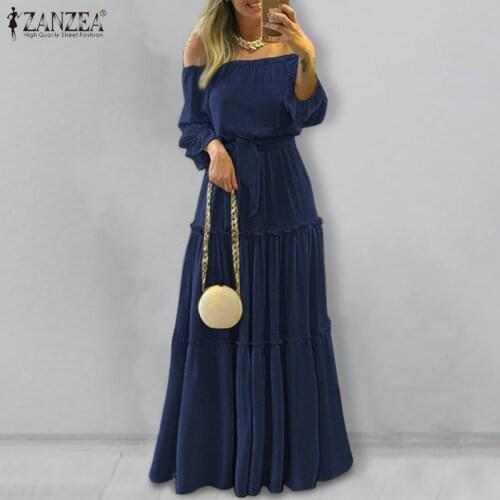 Womens Bohemian Long Maxi Dress ZANZEA Fashion Off Shoulder Vestidos Female Lace Up Belted Dresses Beach Holiday Ruffle Robe