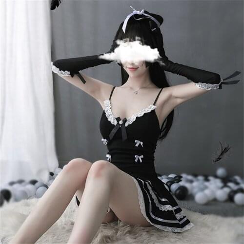 WomenS Solid Color High-Quality Cute Princess Sling Maid Uniform Temptation Role Dress Bow Low-Cut Lace Sexy Lingerie Suit