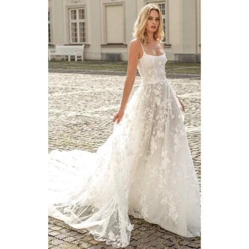 Thinyfull Backless A Line Wedding Dresses Spaghetti Straps Boat Neck Bride Dresses Tulle Lace Appliques Vestido De Novia 2020