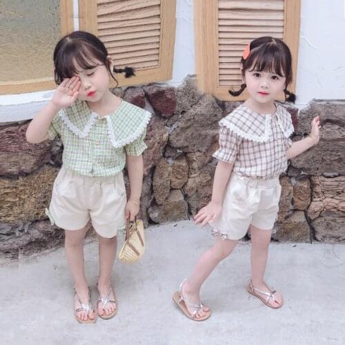 1-4 y girl clothes summer two-piece striped plaid flower side big lapel cardigan coat + half-length pants quality child clothing