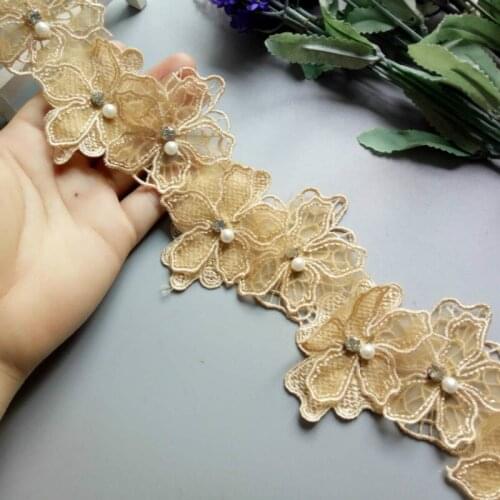10pcs/lot Gold Pearl Flower Organza Embroidery Fabric Lace Patch Trim Clothes 3D Beading Flower Wedding Dress DIY Applique 8cm