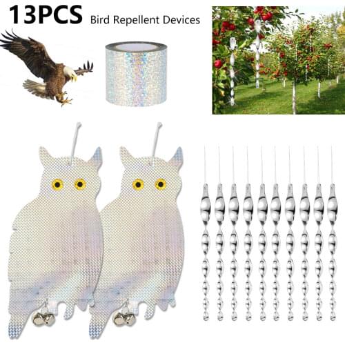 13pcs Anti Bird Reflective Tape Bird Repellent Devices Reflective Hanging Owl Deterrent Set Birds Pigeons Seagulls Pests Scarer
