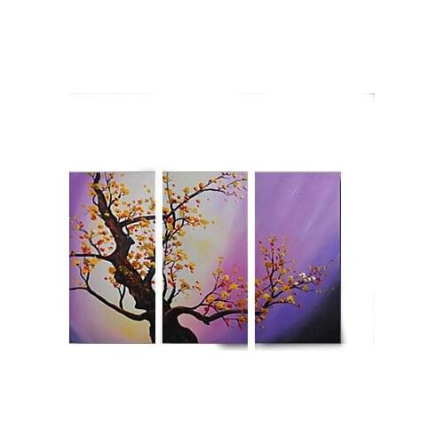 3 Panels Hand Painted Modern Abstract Yellow Blossom Purple Flower Oil Painting on Canvas Wall Art Canvas Painting Living Room